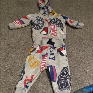 Tommy Hilfiger Baby Hoodie Set in Heather Gray with Red & Navy Trim